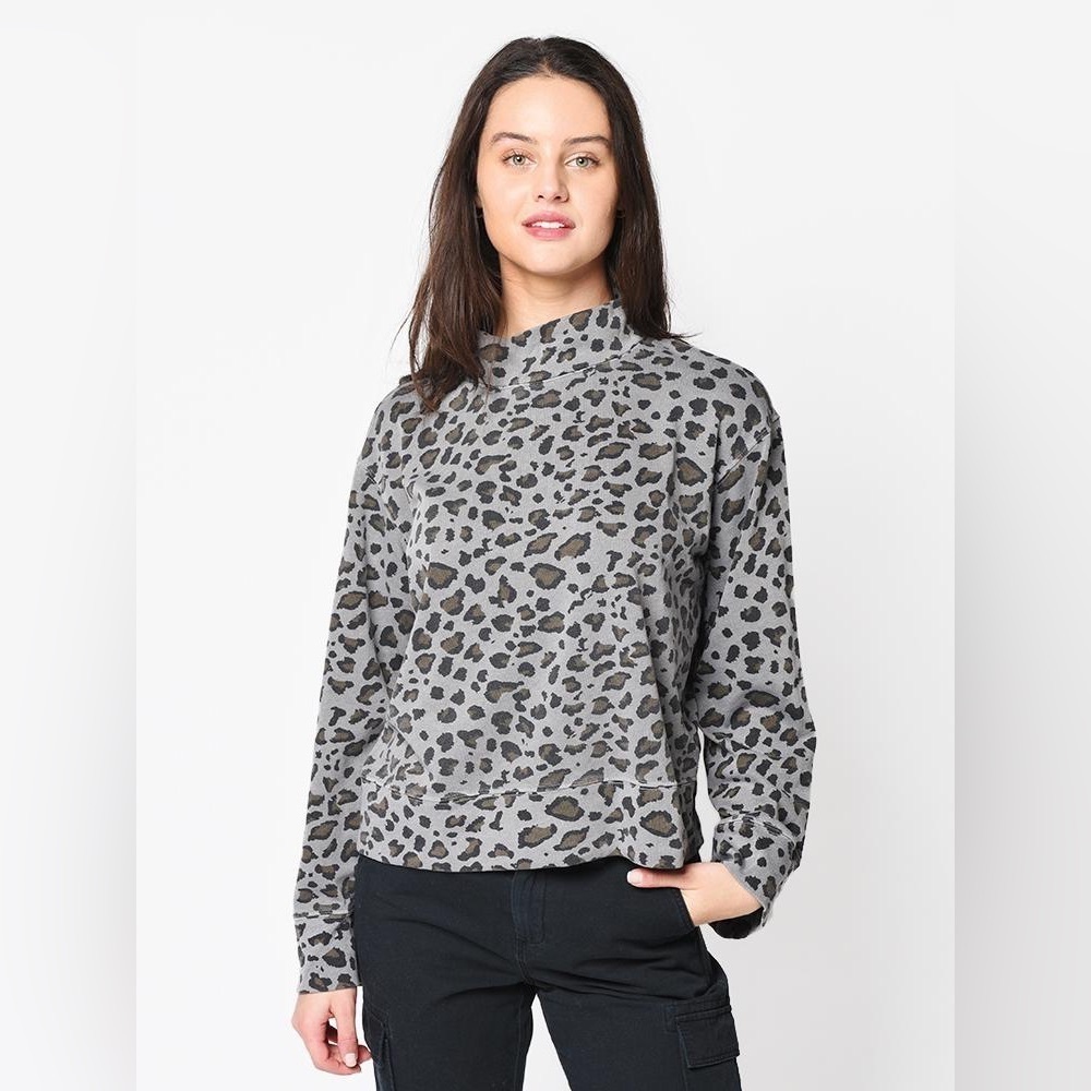 Sundry Leopard Print Funnelneck Sweatshirt sz 2